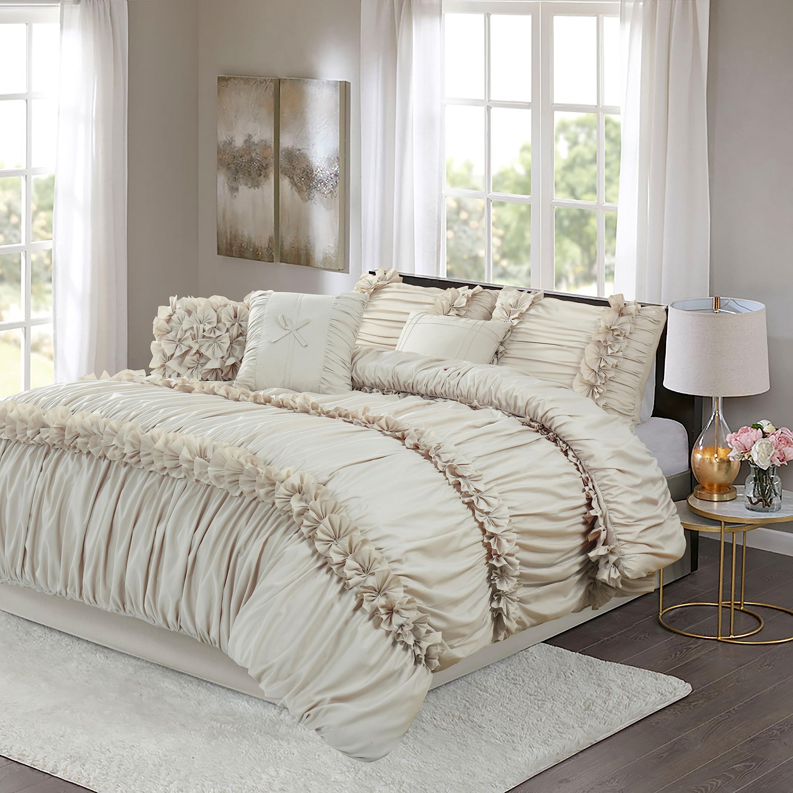 Homechoice Decor 7 Pieces Elegant French Country Bed In A Bag, Camel Handmade Bow Tie Fluffy Bed Comforter With Down Alternative